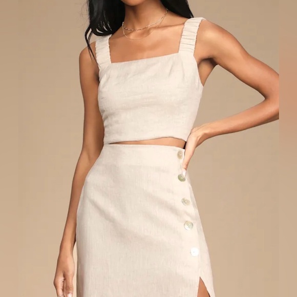 NEW Lulus Caught in Cannes Beige High-Waisted Side Button Midi 2-Piece Set Med - Picture 2 of 12